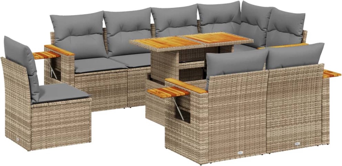 The Living Store 9-delige Loungeset met kussens poly rattan beige - Loungeset - Tuinset - Lounge Set - Buitendecoratie - Tuinmeubels