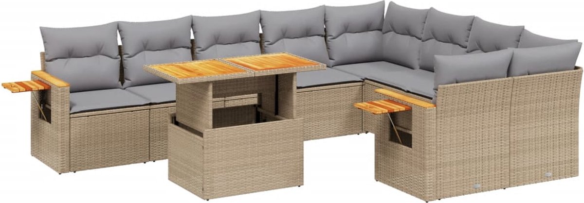 The Living Store 10-delige Loungeset met kussens poly rattan beige - Loungeset - Tuinmeubels - Lounge Set - PE-rattan - Outdoor Furniture