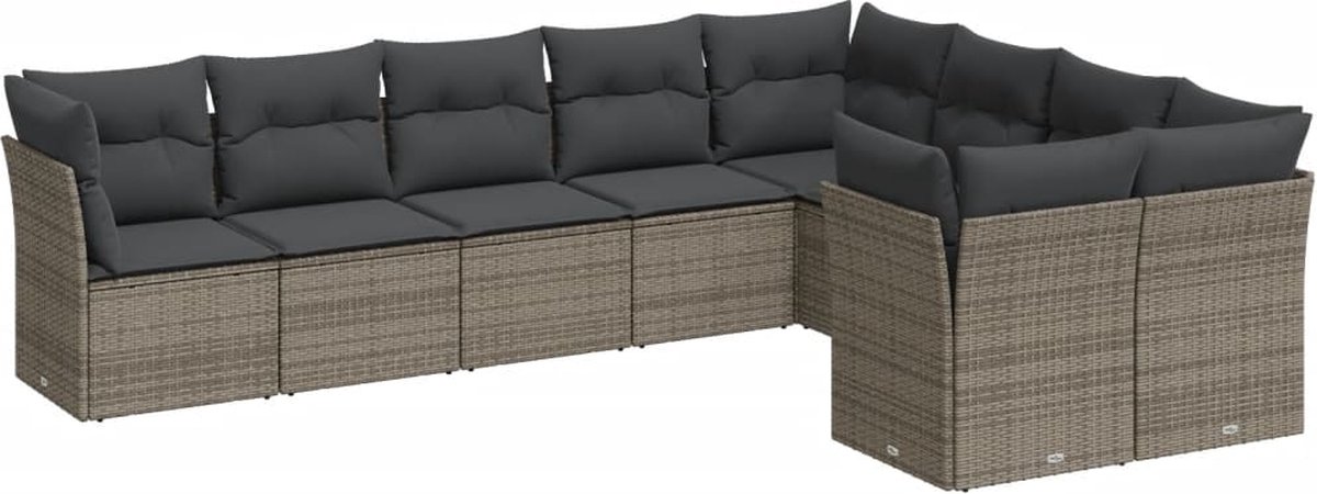 The Living Store 9-delige Loungeset met kussens poly rattan grijs - Loungeset - Tuinset - Lounge - Outdoor Furniture - Garden Furniture