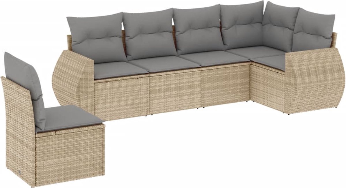 The Living Store 6-delige Loungeset met kussens poly rattan beige - Tuinlounge - Loungebank - Buitendiner - Tuinset - PE-rattan
