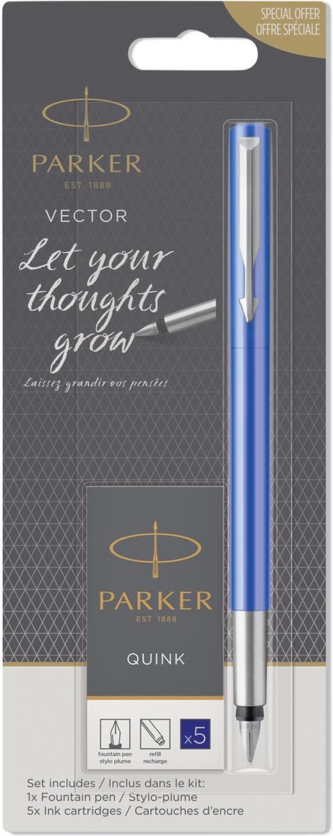 Parker Vector vulpenset | Diverse kleuren | Medium penpunt | inclusief 5 blauwe inktpatronen