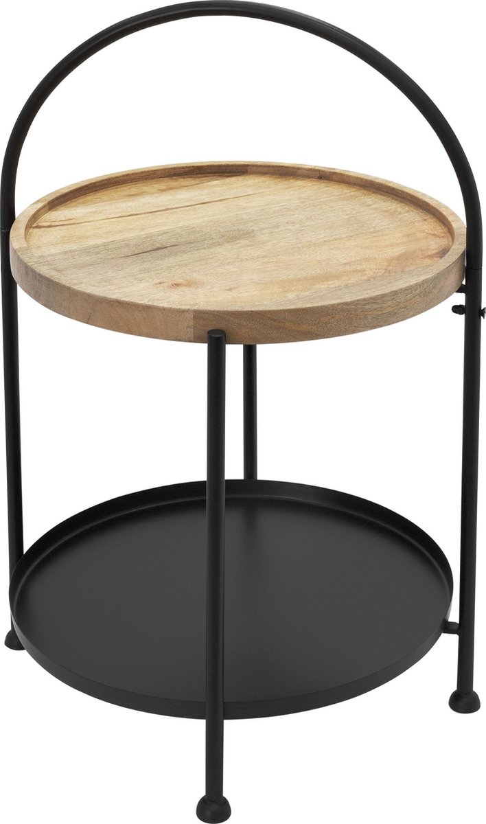ecd germany Bijzettafel met twee niveaus Ø 38x55 cm Zwart metaal en hout Inklapbaar Bruin
