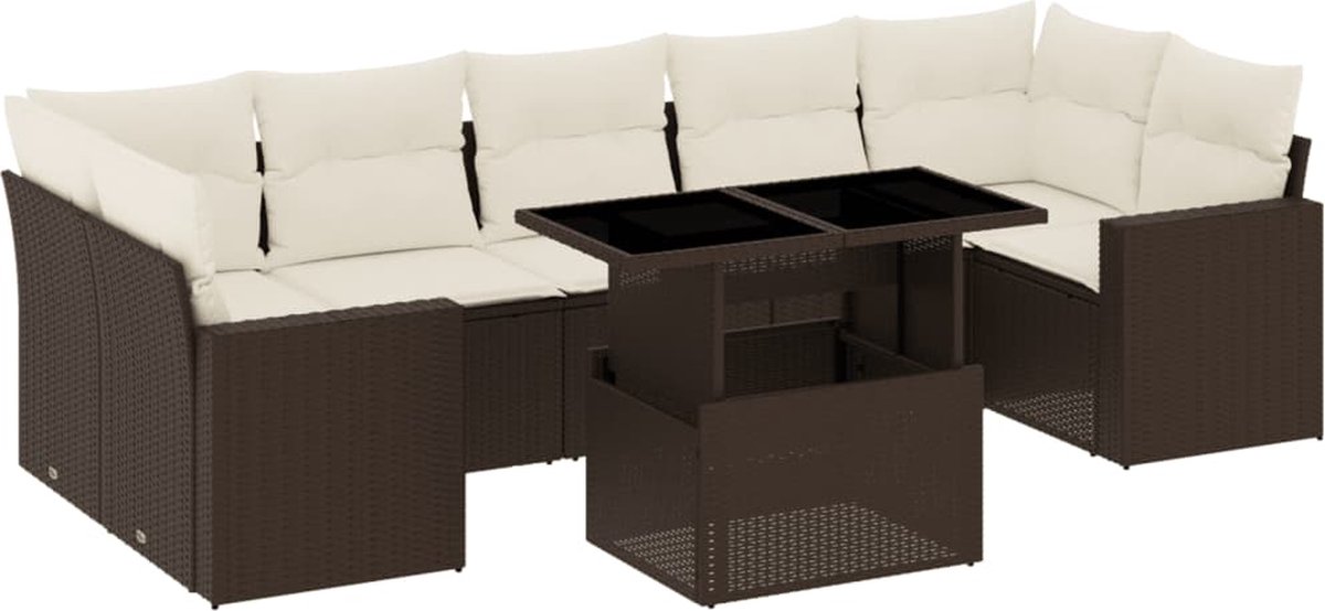 The Living Store 8-delige Loungeset met kussens poly rattan bruin - Loungeset - Lounge Set - Buitendecoratie - Tuinmeubels - Tuinlounge