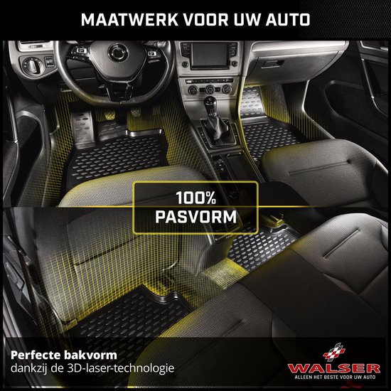 Boven: interieur van een auto met Walser matten. Onder: close-up van de bestuurderskant, met "100% PASVORM".