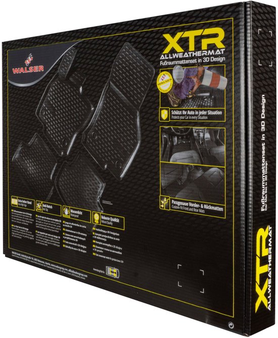 Verpakking van Walser XTR Allweathermatten in 3D Design voor auto's. Toont de matten in de auto en details van de matten.