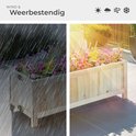 Houten plantenbak, links in de regen, rechts in de zon.
