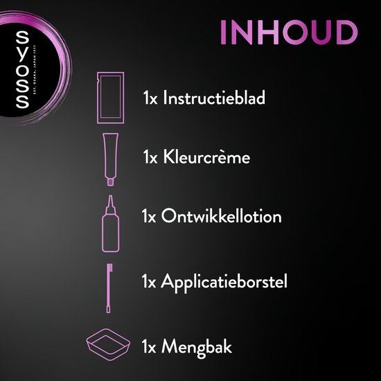 Inhoud van Syoss Brow Tint kit: instructieblad, kleurcrème, ontwikkellotion, applicatieborstel, mengbak.