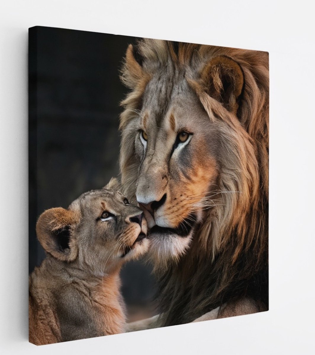 Saammp Canvas Schilderij - Leeuw met welp - Dieren - Natuur - 100x100 - Foto op canvas - Wanddecoratie - Muurdecoratie Woonkamer - Slaapkamer decoratie - Canvas Print Multicolor