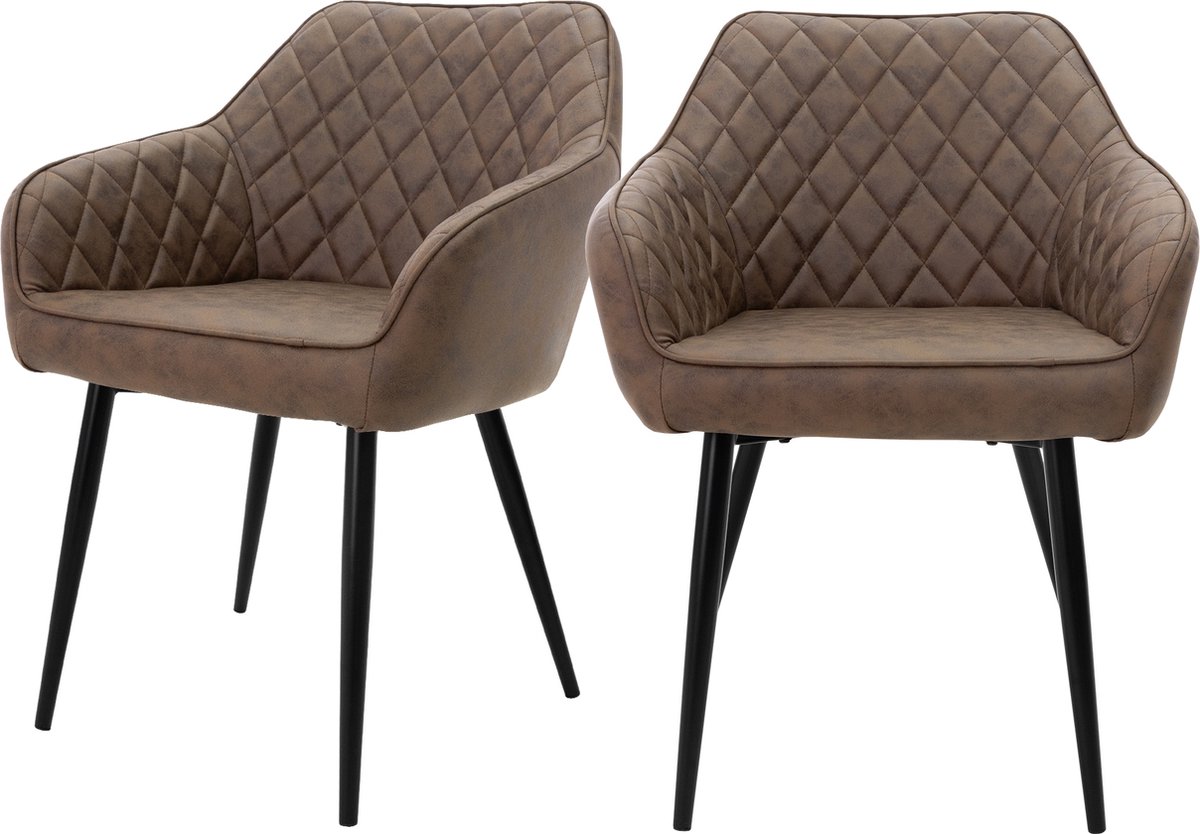 ml-design Eetkamerstoelen set van 2 met armleuningen en rugleuning, bruine stoelen met comfortabele kunstlederen bekleding, stevige keukenstoelen met zwarte metalen poten, ergonomische en moderne stoelen voor eetkamer en woonkamer in huis