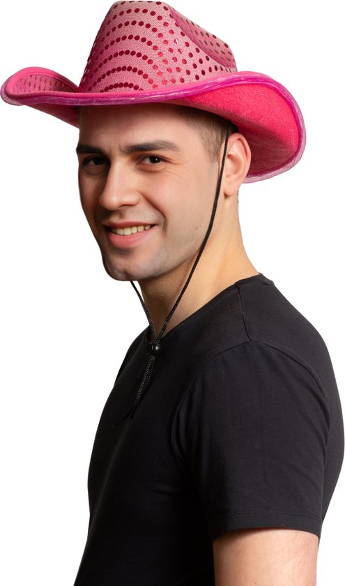 Partychimp Cowboy/Cowgirl Hoed Pailletten met LED Licht Roze voor bij Carnavalskleding Heren Carnavalskleding Dames Carnaval Accessoires Verkleedaccessoires Rodeo Party Foute Party Glitter en Glamour Pride western hoed - Neon Roze - Incl. Batterijen