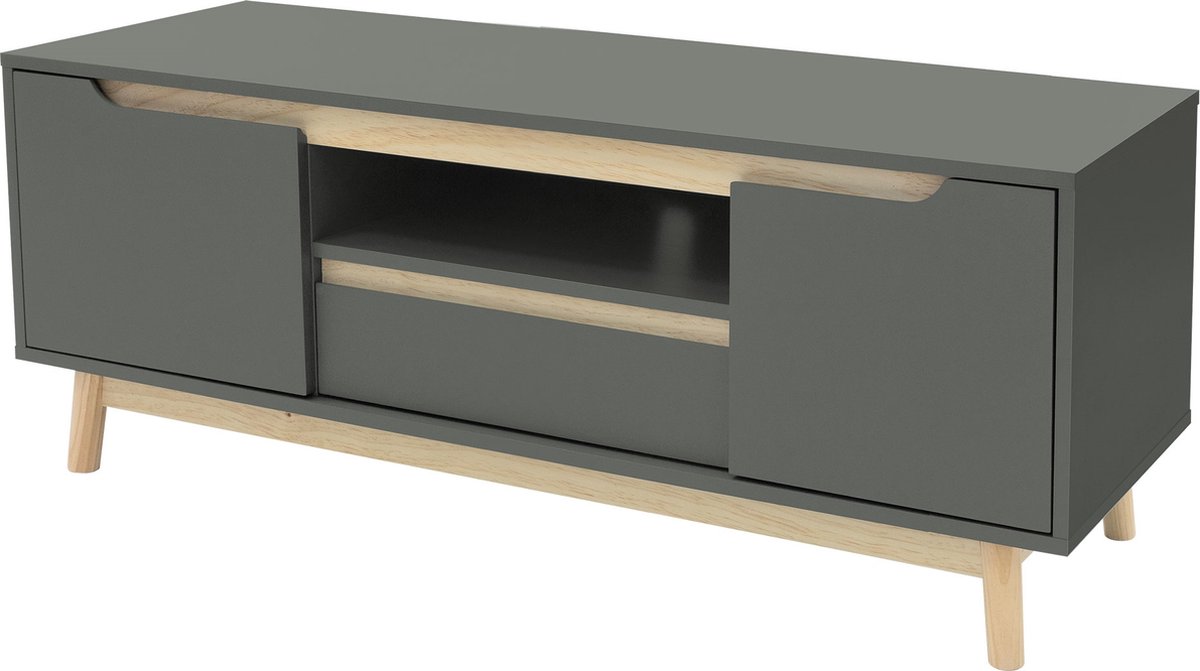 ml-design TV-meubel, 120x40x46 cm, groen-naturel, TV-tafel met 2 deuren, lade, plank, grenenhouten poten, natuurlijk design, TV lowboard voor in de woonkamer, TV-meubel voor TV's tot 55 inch