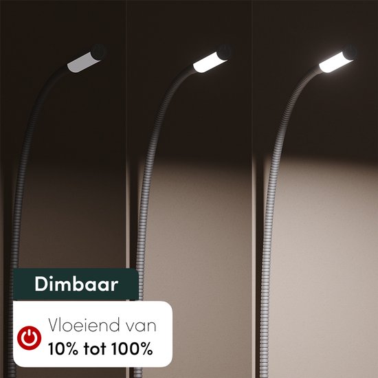 Drie standen van de dimbare leeslamp: uit, gedimd, en vol aan.