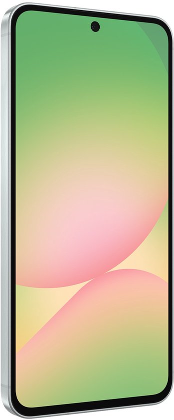 Lichtgroene Samsung Galaxy A56 5G met een scherm met een kleurverloop van groen naar roze en geel.