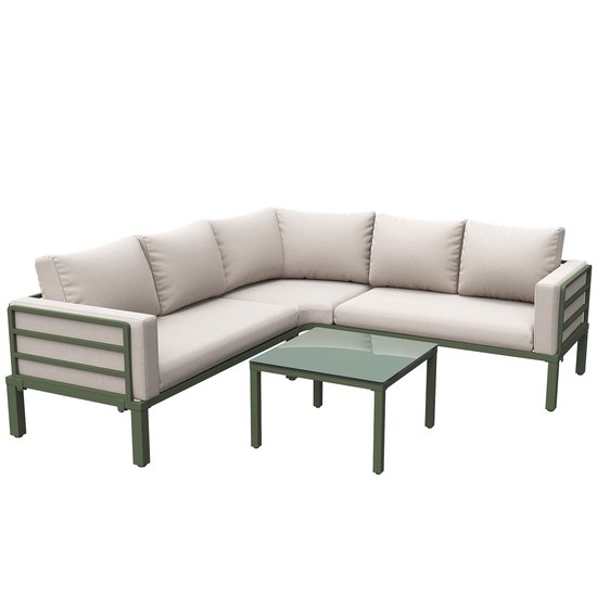 Gutent Tuinmeubelset (4-5 zitplaatsen) - 1 salontafel van gehard glas - Gegalvaniseerd ijzeren frame - Groen + IJzer
