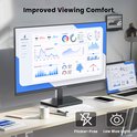 Monitor met een helder en scherp scherm waarop grafieken en cijfers worden getoond. Rechts een laptop met vergelijkbare inhoud. De monitor heeft de tekst "Improved Viewing Comfort".