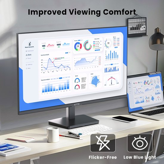 Monitor met een helder en scherp scherm waarop grafieken en cijfers worden getoond. Rechts een laptop met vergelijkbare inhoud. De monitor heeft de tekst "Improved Viewing Comfort".