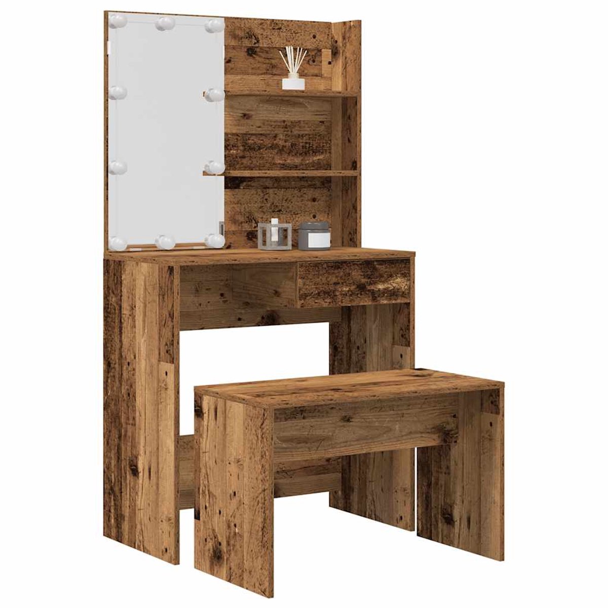 vidaXL Kaptafelset - met - LED-verlichting - bewerkt - hout - oud - houtkleurig