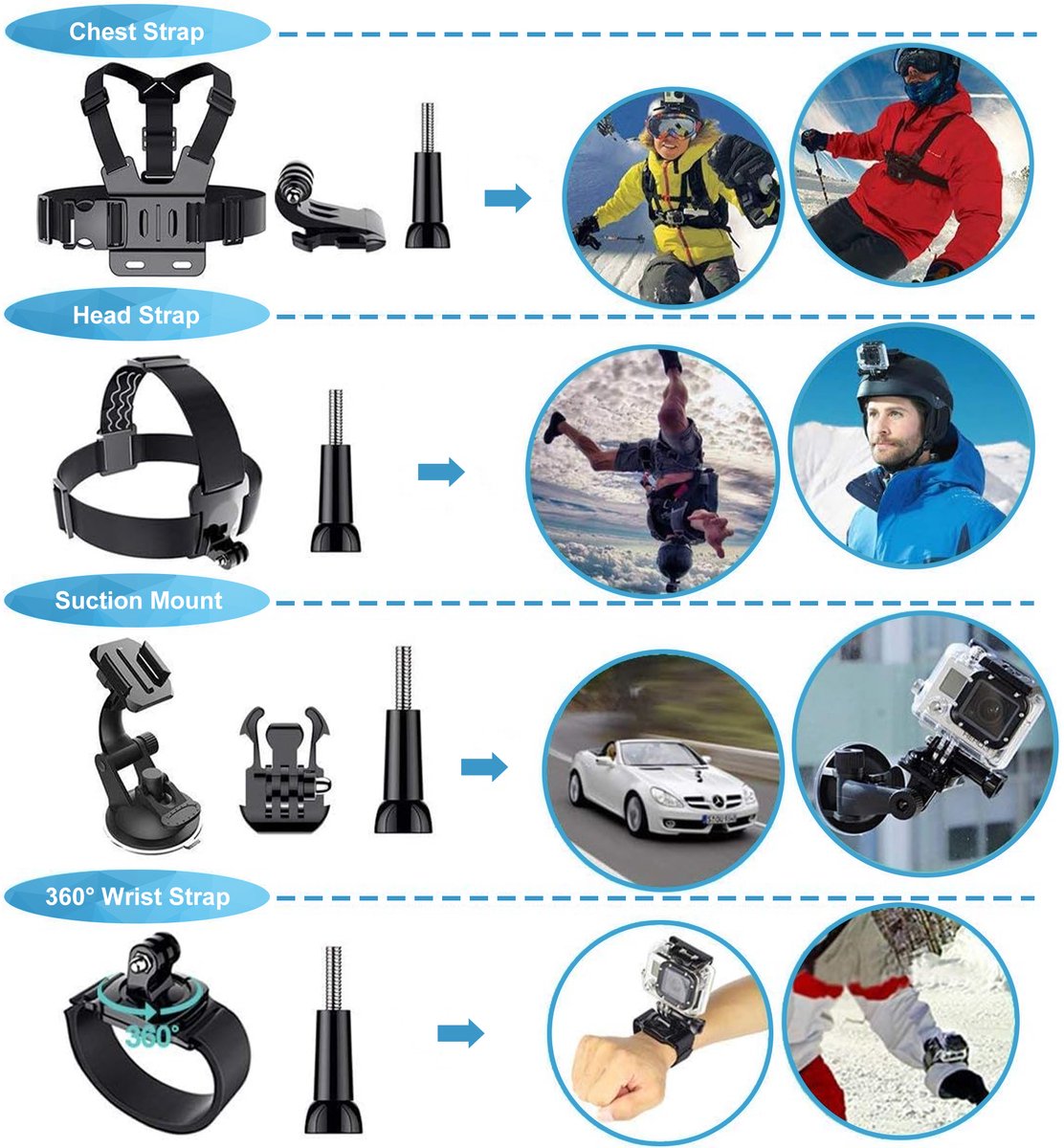 YONO Accessoires Set 50in1 geschikt voor GoPro Hero 13 12 11 10 - DJI Osmo - Insta360 - Chest Mount - Stick - Tas - Hoofdband thumbnail 2