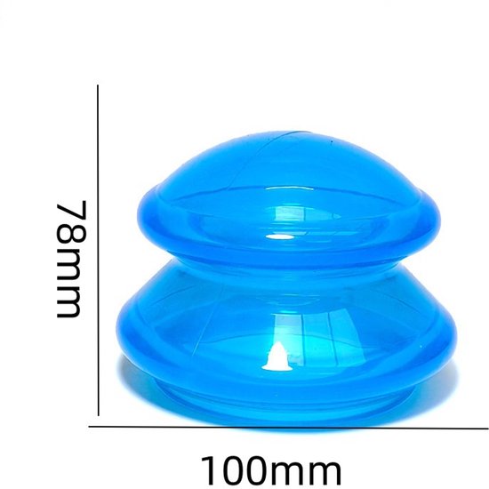 Blauw siliconen cupping glas met afmetingen 78mm hoogte en 100mm breedte.