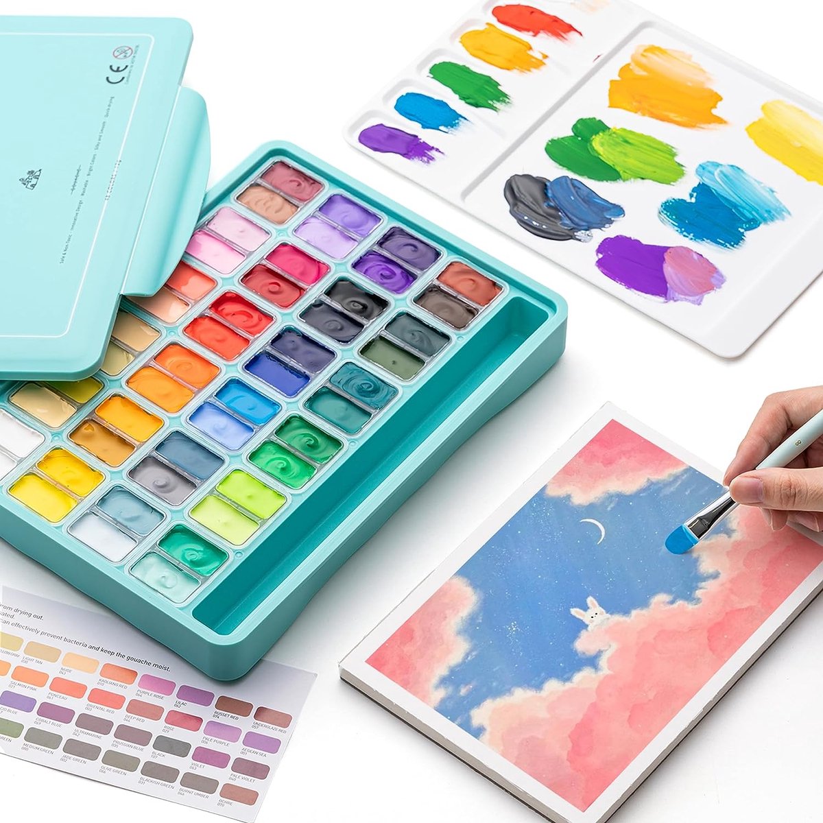 HIMI - Gouache - Twin split cups - set van 48 kleuren - 12g - 3 penselen - Turquoise — afbeelding 6