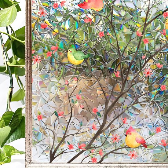 40x120cm Raamfolie Decoratieve - privacyfolie - voor ramen Niet-klevende vogels Bloemen - Glas-in-lood raamstickers - voor thuis, Kantoor, Woonkamer, Badkamer, Raam, Deurdecoratie