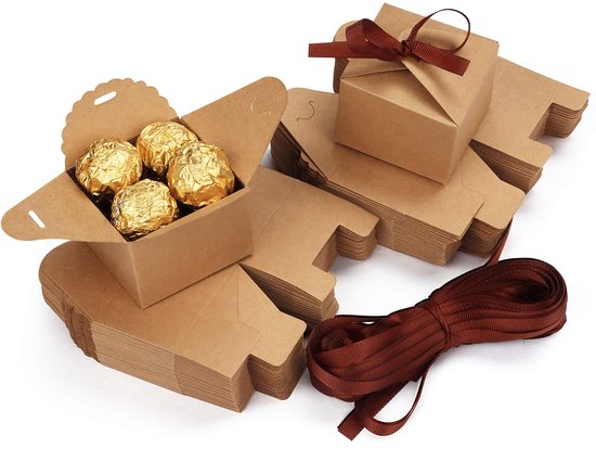 Belle Vous Petites Coffrets Cadeaux Hobby Marron avec Ruban (Lot de 60) - 6,5 x 6,5 x 4,5 cm - Boîtes à Snoep en Papier Hobby Mariage - Anniversaire, Fête d'Anniversaire, Mariée/Baby Shower