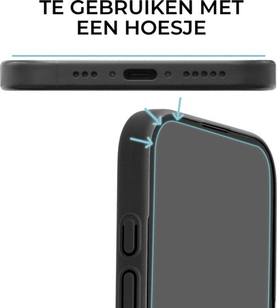 Zwarte telefoonhoes met afgeronde randen, compatibel met hoesjes. Toont de zijkant en bovenkant van het hoesje.