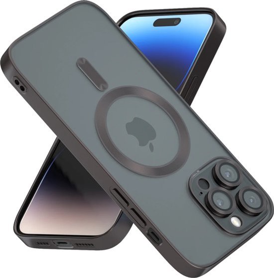 Transparant telefoonhoesje met zwarte rand, MagSafe-ring en camera-uitsparing, dubbel weergegeven.