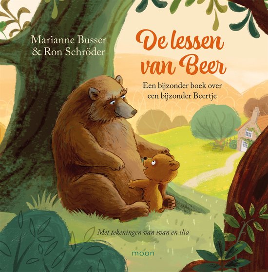 Een grote bruine beer zit naast een kleine bruine beer in een bos. Boven het tafereel staat de titel 'De lessen van Beer'.