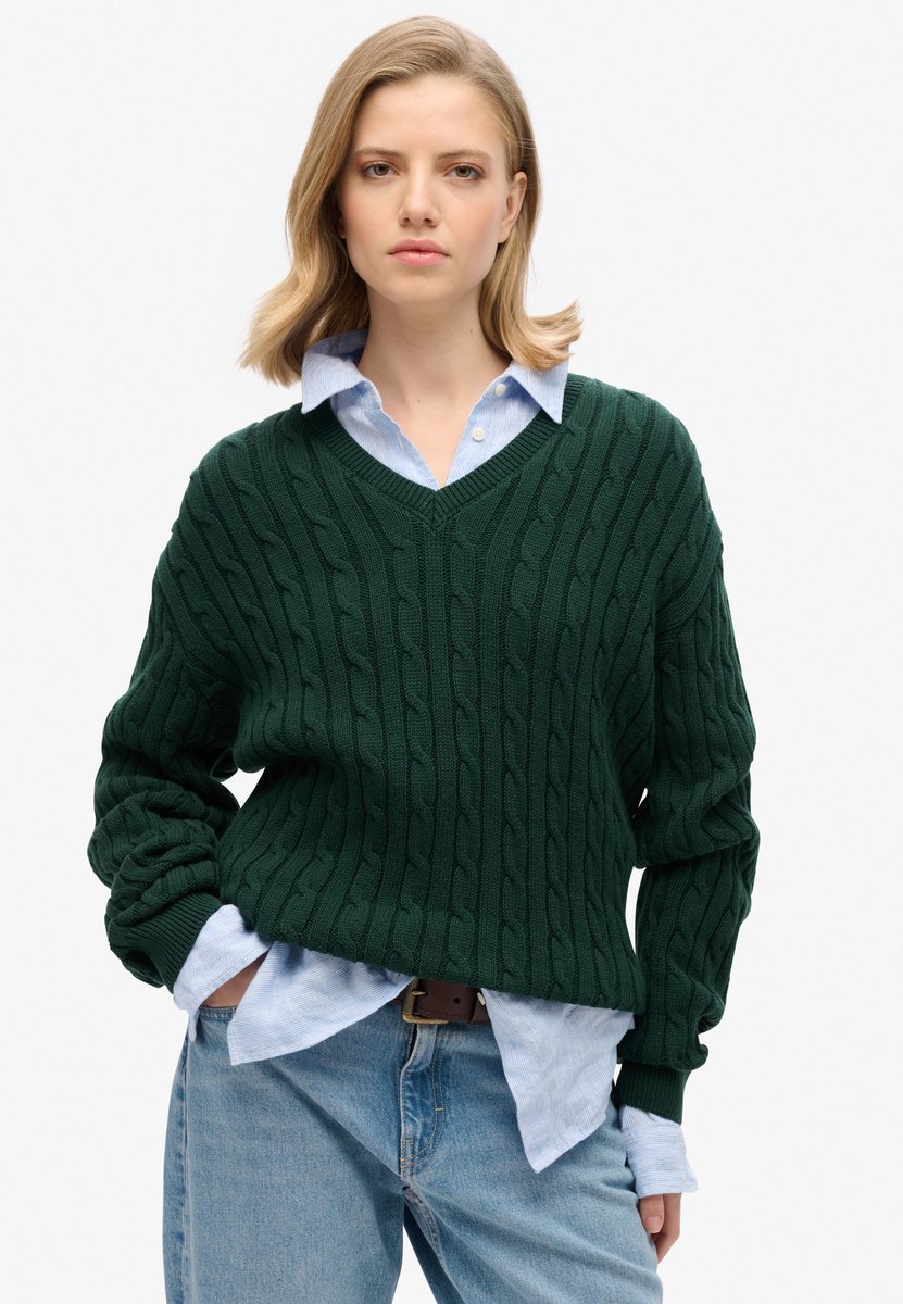 Superdry Oversized kabeltrui met V-hals Dames Sweaters Groen