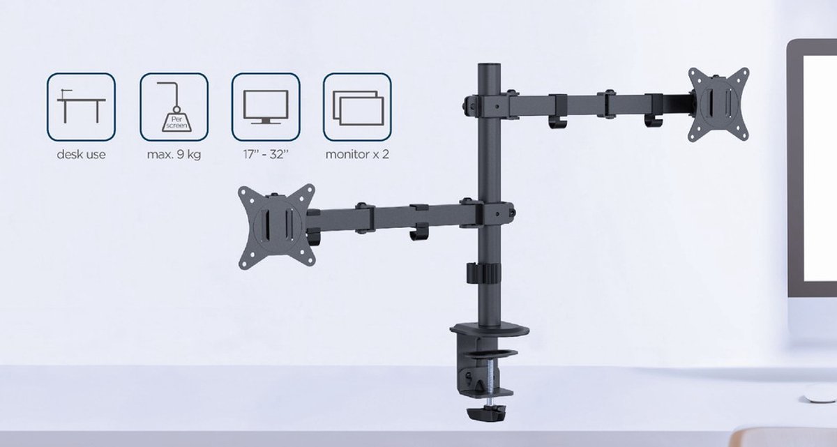 Gembird Bureau Monitorarm voor Dubbele Monitoren, 17–32 Inch, Tot 9 kg per Monitor, Rotatie, Kanteling & Zwenking, VESA-compatibel, Ingebouwd Kabelbeheer, Zwart thumbnail 3