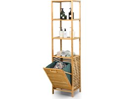 COSTWAY 2 in 1 Badkamerplank & wasmand, hoge kast voor badkamer van bamboe met 3 planken, waskast met uitneembare waszak & handvat, badkamerkast voor badkamer slaapkamer wasruimte, natuur