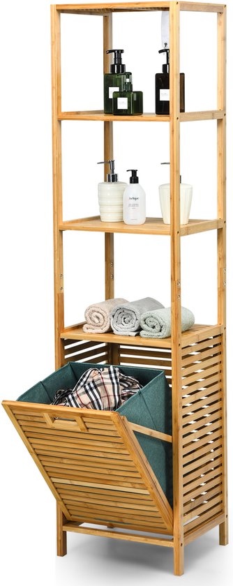 Wasmand 2 Vakken, Met 2 Uittrekbare Waszakken Wasverzamelaar Met Plank Wassorteerder Bamboe Voor Badkamer Woonkamer En Slaapkamer Wit Vh32363