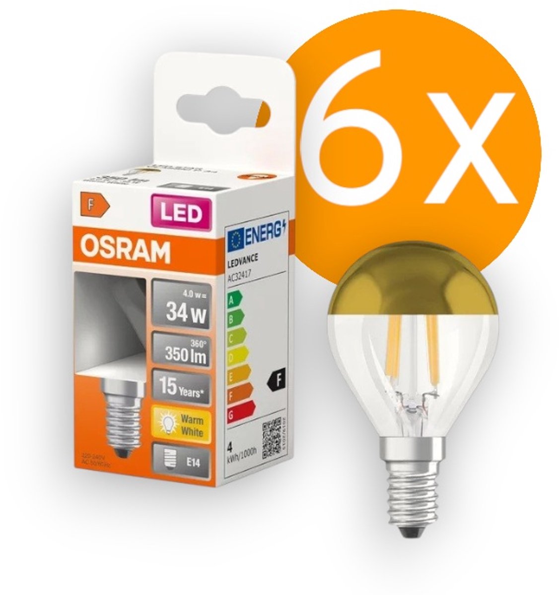 6 stuks | Osram LED kopspiegellamp Goud 4W 380lm 2700K Niet-Dimbaar | E14 | Extra Warm Wit | 4 watt | 15.000 Branduren