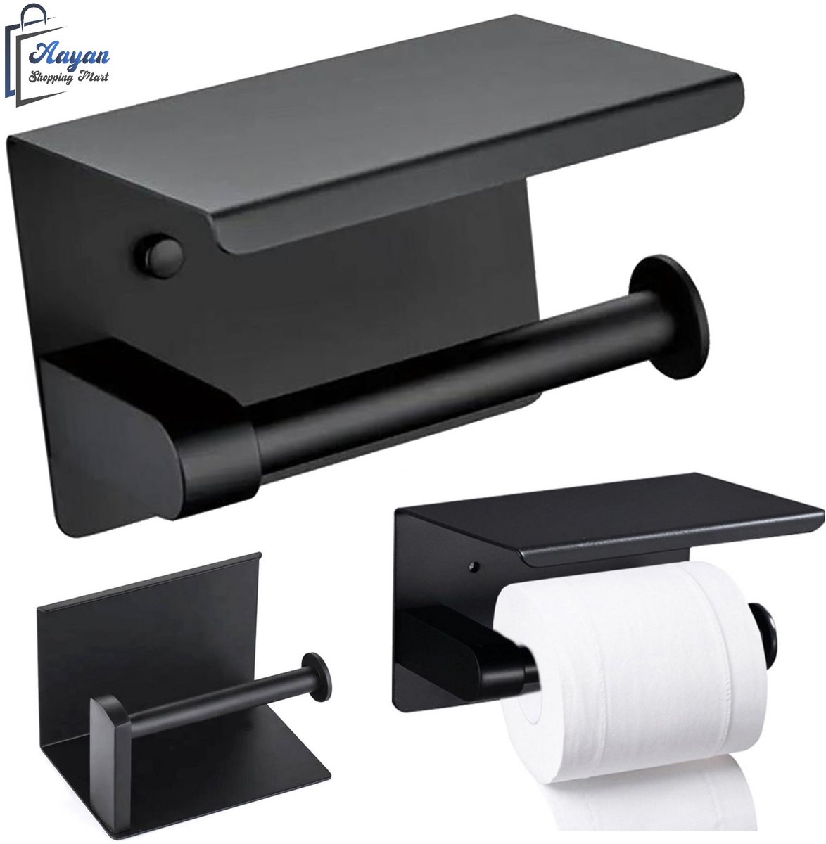 Zwart stalen toiletrolhouder - wc rolhouder zwart - toiletrolhouder zwart - toiletrolhouders - toiletrolhouder met plankje - 58719