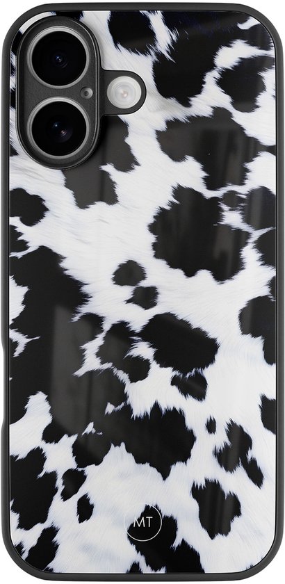 Coque d'iPhone avec imprimé taches de vache noires et blanches et bordure noire.