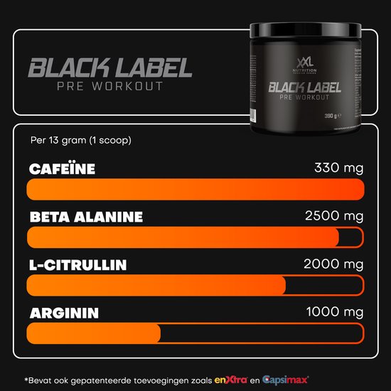 Informatie over de ingrediënten van XXL Nutrition Black Label Pre Workout, per 13 gram (1 scoop). Bevat 330 mg cafeïne, Beta Alanine, L-Citrulline, Arginine.