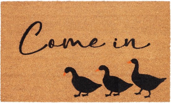 Tapis de bienvenue en coco avec l'inscription 'Come in' et trois oies noires à becs orange.