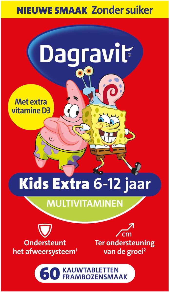 Goedkoopste Dagravit Kids Extra 6-12 jaar Multivitaminen - SpongeBob - Ondersteunt het afweersysteem (1) - Ter ondersteuning van de groei (2) - Frambozensmaak - Suikervrij - 60 kauwtabletten