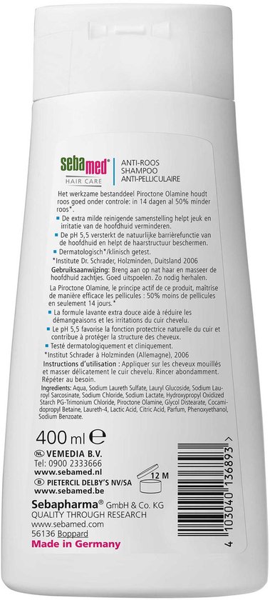 Achterkant witte Sebamed Anti-Roos Shampoo / Anti-Pelliculaire fles, 400 ml. '50% minder roos na 14 dagen'.