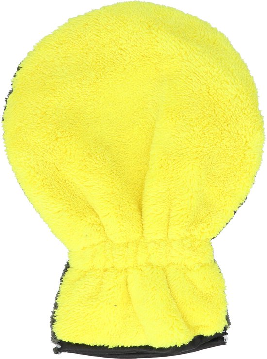 Gant de lavage en microfibre jaune avec un passepoil noir.