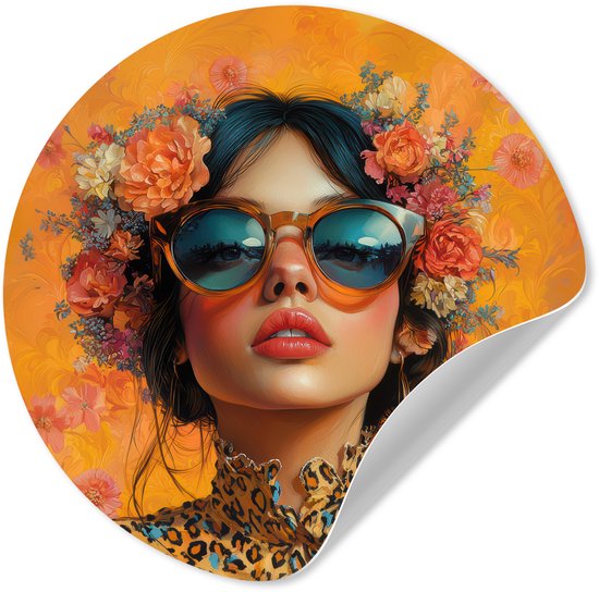 WallCircle® - Behangcirkel 30x30 cm - Muurstickers Vrouw - Bloemen - Aesthetic - Oranje - Muurcirkel woonkamer - Wandcirkel slaapkamer - Kamer decoratie zelfklevend - Muurdecoratie accessoires