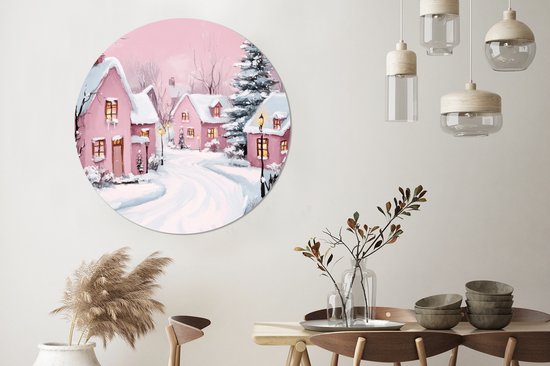WallCircle - Wandcirkel - Muurcirkel - Kerstdorp - Roze - Winter - Sneeuw - Huizen - Aluminium - Dibond - 120x120 cm - Binnen en Buiten XXL