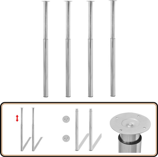 vidaXL Pieds de table - Télescopiques - 4 pcs - Pieds de table télescopiques Chrome - Pieds de table - Ensembles de tables - Pieds de table basse - Pieds de chaise de salle à manger