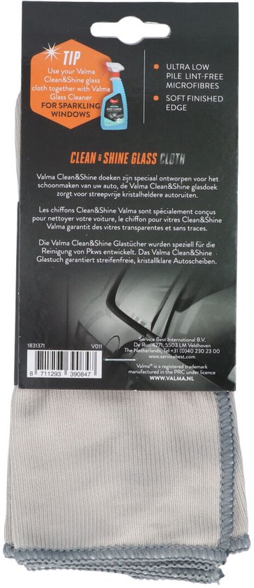 Emballage du chiffon Valma Clean & Shine, 40x40cm, gris avec inscription rouge 'GLASS'.