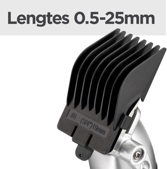 Zwarte opzetkam van een tondeuse, maat #6 (3/4") 19mm. Tekst: Lengtes 0.5-25mm.
