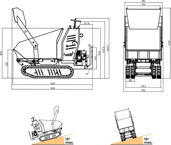 Hydrostatische mini rupsdumper met schop 80kg kipbak 500kg 9pk elektrische start Torros HRD500HSE — afbeelding 2
