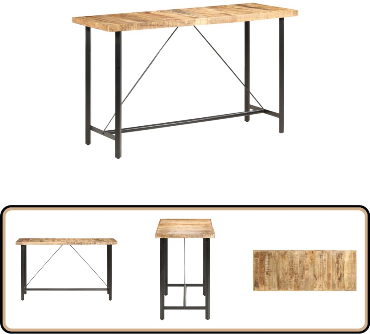vidaXL Bartafel - 180x70x107 - cm - ruw - mangohout bruin en zwart