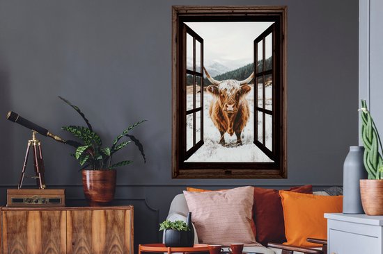 Muurstickers - Sticker Folie - Schotse Hooglander - Landschap - Landelijk - Bergen - Winter - Doorkijk - Donker - 80x120 cm - Plakfolie - Muurstickers Kinderkamer - Zelfklevend Behang - Zelfklevend behangpapier - Stickerfolie