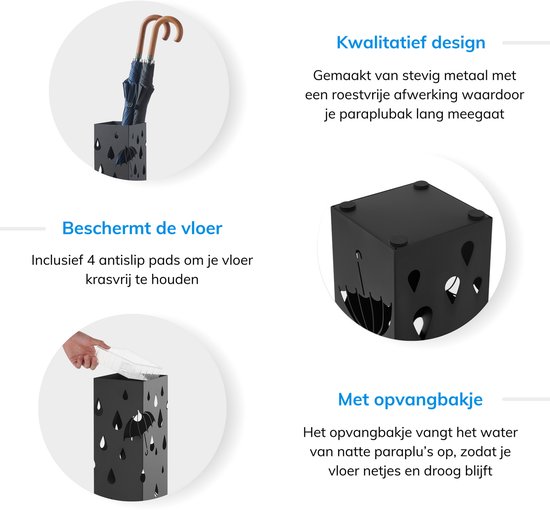 ACAZA Paraplubak - Paraplubak Zwart met Regen Motief - 49 cm Hoog - Paraplubak Vierkant - Parapluhouder - Metaal - Paraplubakken voor Paraplu's en Wandelstokken